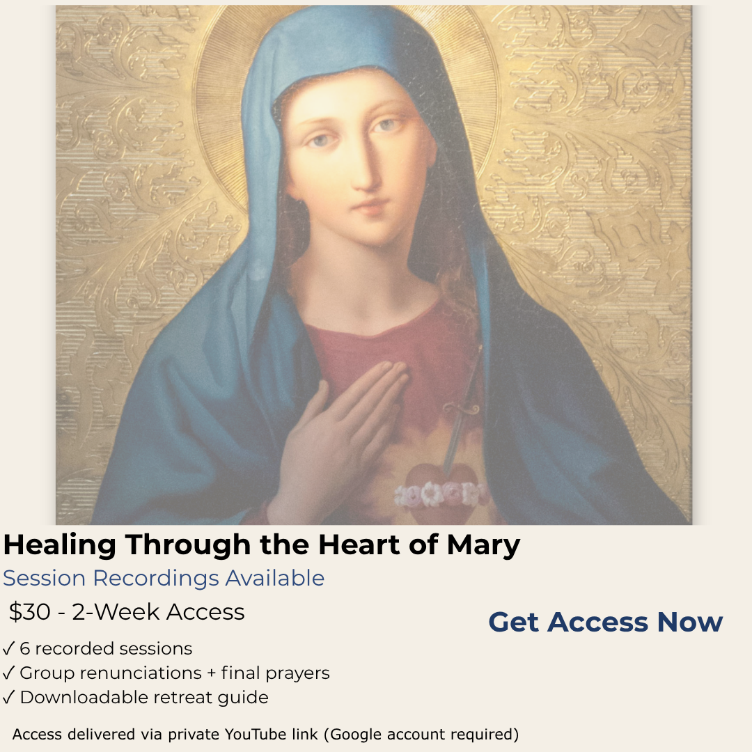 Image of the Immaculate Heart of Mary with information about a St. Raphael Center retreat.